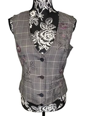 Erin London Plaid Embroidered Vest Womens 8 Career Office Academia Top Workwear